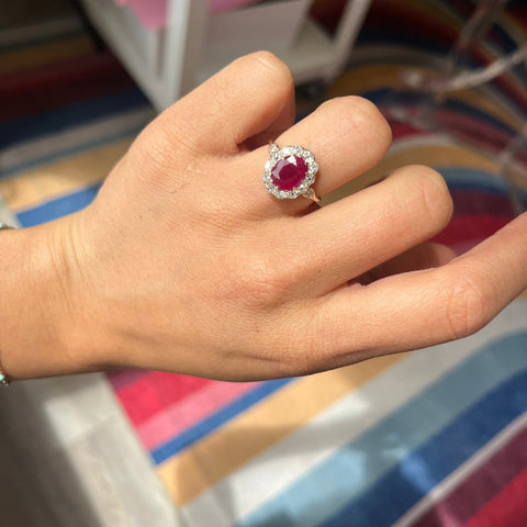 2.67ctw Antique Ruby & Old Mine Cut Diamond Cluster Ring