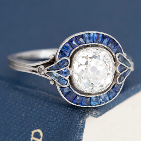 Collector ring old mine diamond 2.74ct with sapphire halo warm yellow gold band