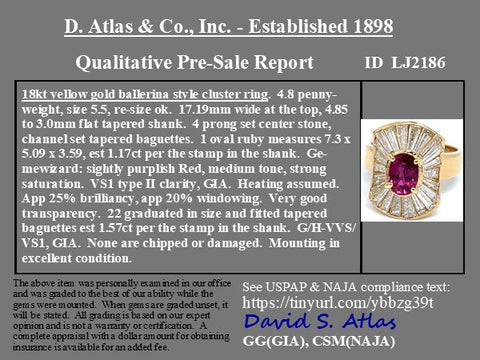 2.74ctw ruby and tapered baguette cut diamond ballerina ring in yellow gold – lab report card