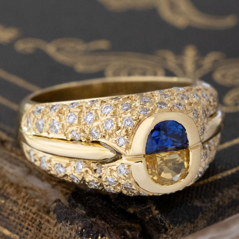 2.80ctw vintage half moon twin stone sapphire and pave diamond dome ring, 18K yellow gold – alternate view 3