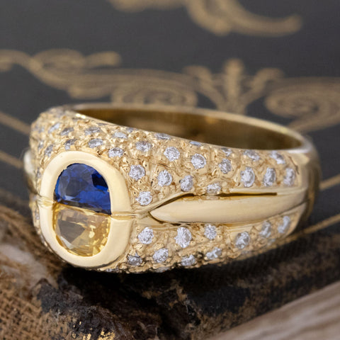 2.80ctw vintage half moon twin stone sapphire and pave diamond dome ring, 18K yellow gold – alternate view 5