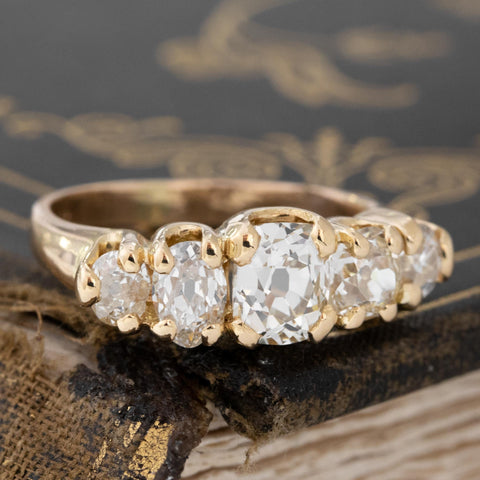 2.88ctw antique Peruzzi cut and old mine cut diamond graduated five-stone ring in 18kt yellow gold – alternate view 3
