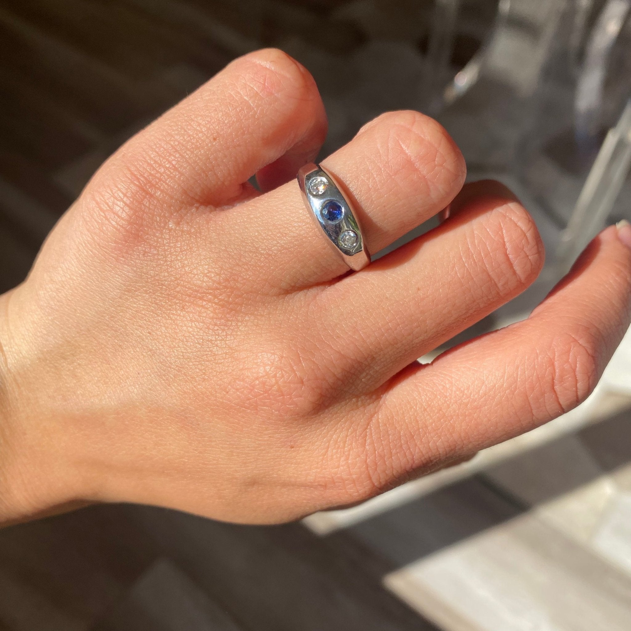 .28CTW VINTAGE DIAMOND & SAPPHIRE CHUNKY BEZEL RING - Hand View