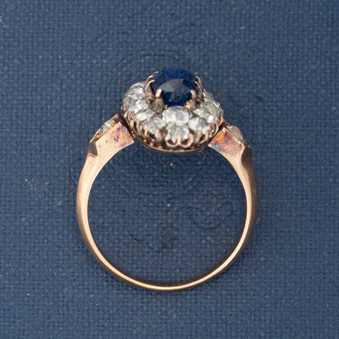 2.95ctw Antique Old Cut Diamond & Burmese No-Heat Sapphire Navette Ring