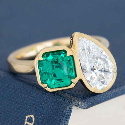 2.97ctw Pear Cut Diamond & Colombian Emerald Toi et Moi Ring, GIA D IF