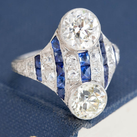 3.08ctw Edwardian Old European Cut Diamond & Sapphire Toi et Moi Ring