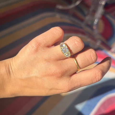 3.17ctw Victorian revival old mine cut diamond scroll trilogy ring, 18K yellow gold – alternate view 2