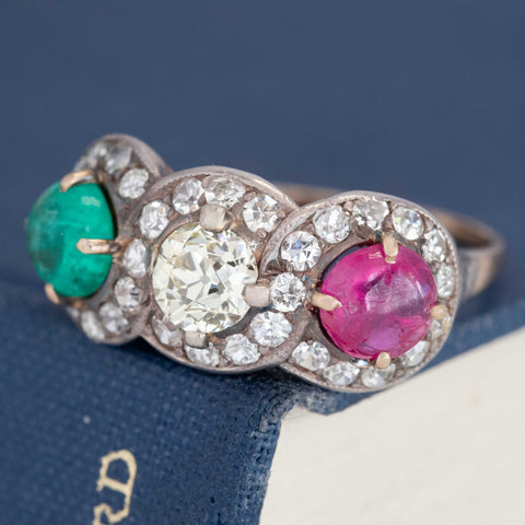 3.24ctw Antique Old European Cut Diamond, Emerald & Ruby Trilogy Ring