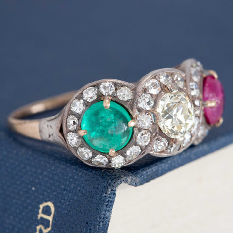 3.24ctw Antique Old European Cut Diamond, Emerald & Ruby Trilogy Ring