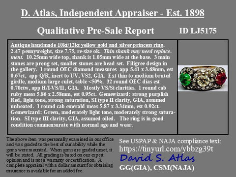 3.24ctw Antique Old European Cut Diamond, Emerald & Ruby Trilogy Ring