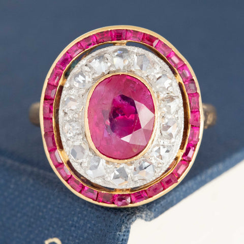 3.30ctw Rose Cut Diamond & Burma No-Heat Ruby Cluster Ring, French