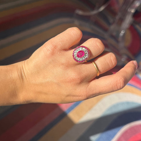 3.30ctw Rose Cut Diamond & Burma No-Heat Ruby Cluster Ring, French