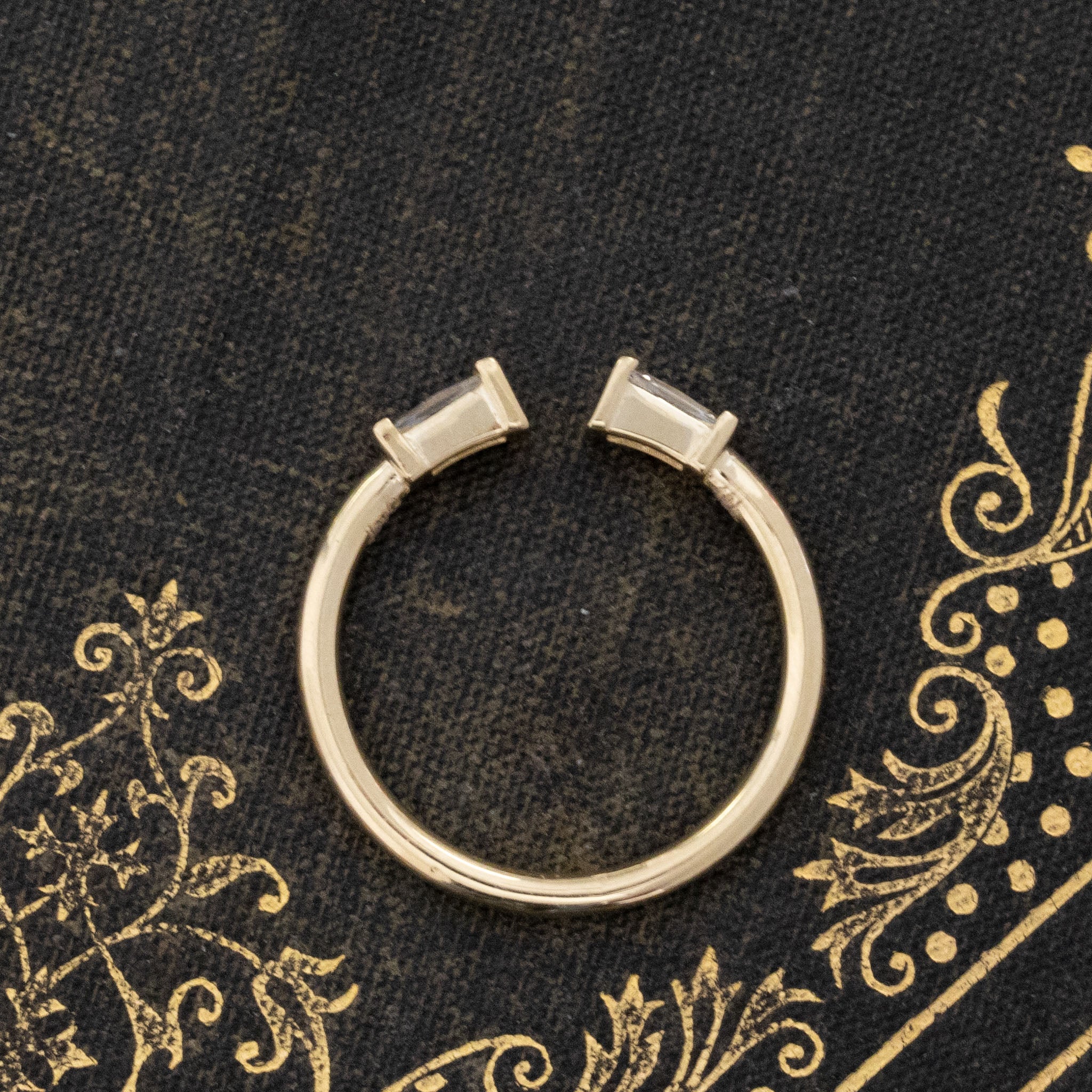 Side view of .33ctw Baguette Cut Diamond Twin Stone Ring, natural Earth-mined Baguette Cut Diamonds in yellow gold