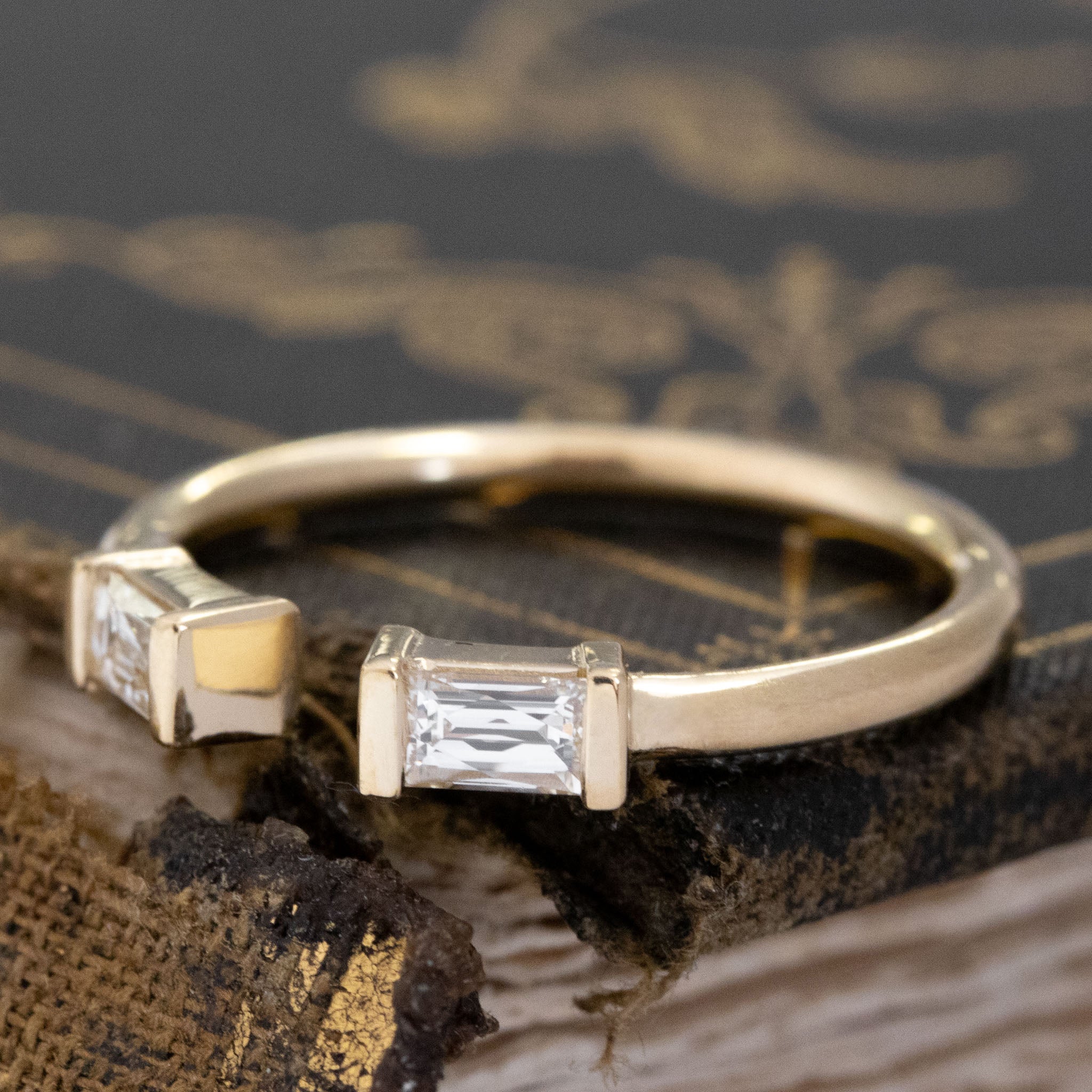 Antique lovers’ .33ctw Baguette Cut Diamond Twin Stone Ring in yellow gold, featuring rare Earth-mined Baguette Cut Diamonds