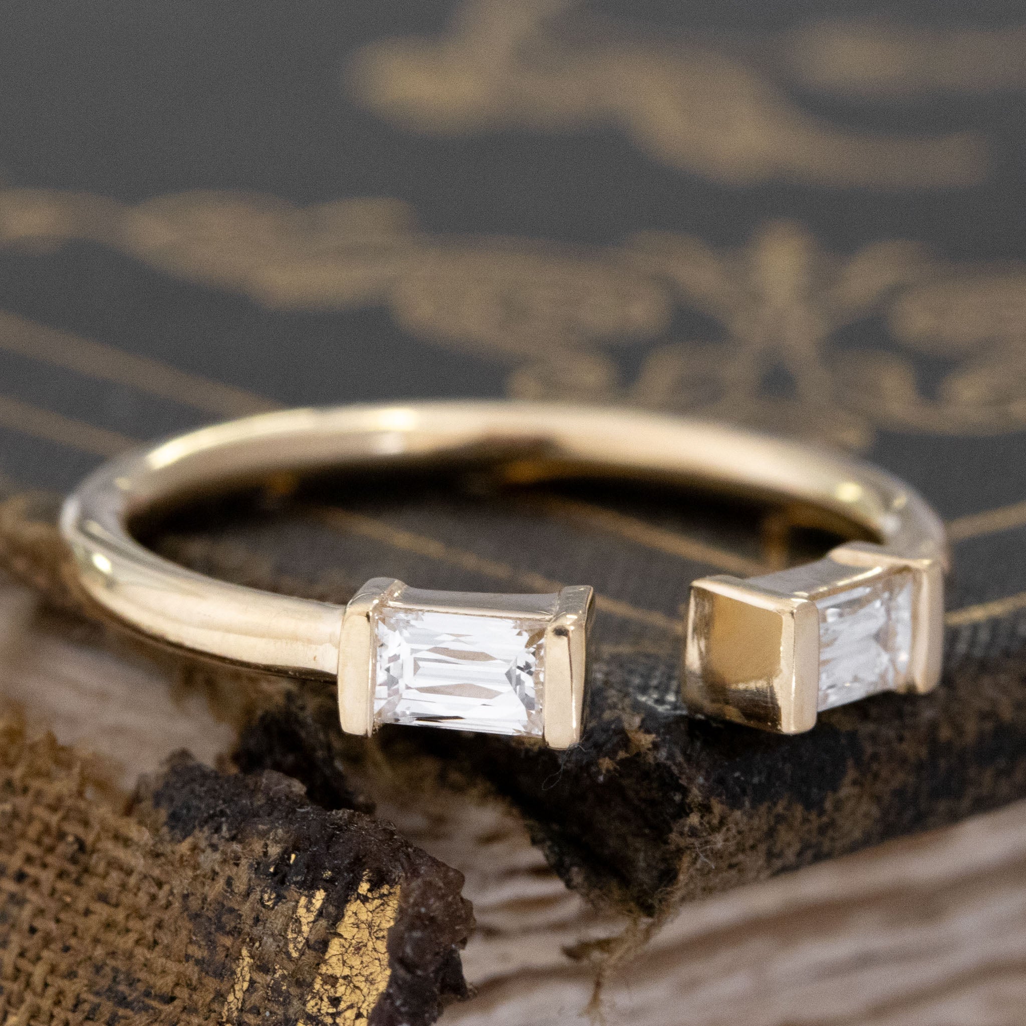 Historic style .33ctw Baguette Cut Diamond Twin Stone Ring wedding band with Baguette Cut Diamonds, unique heirloom in yellow gold