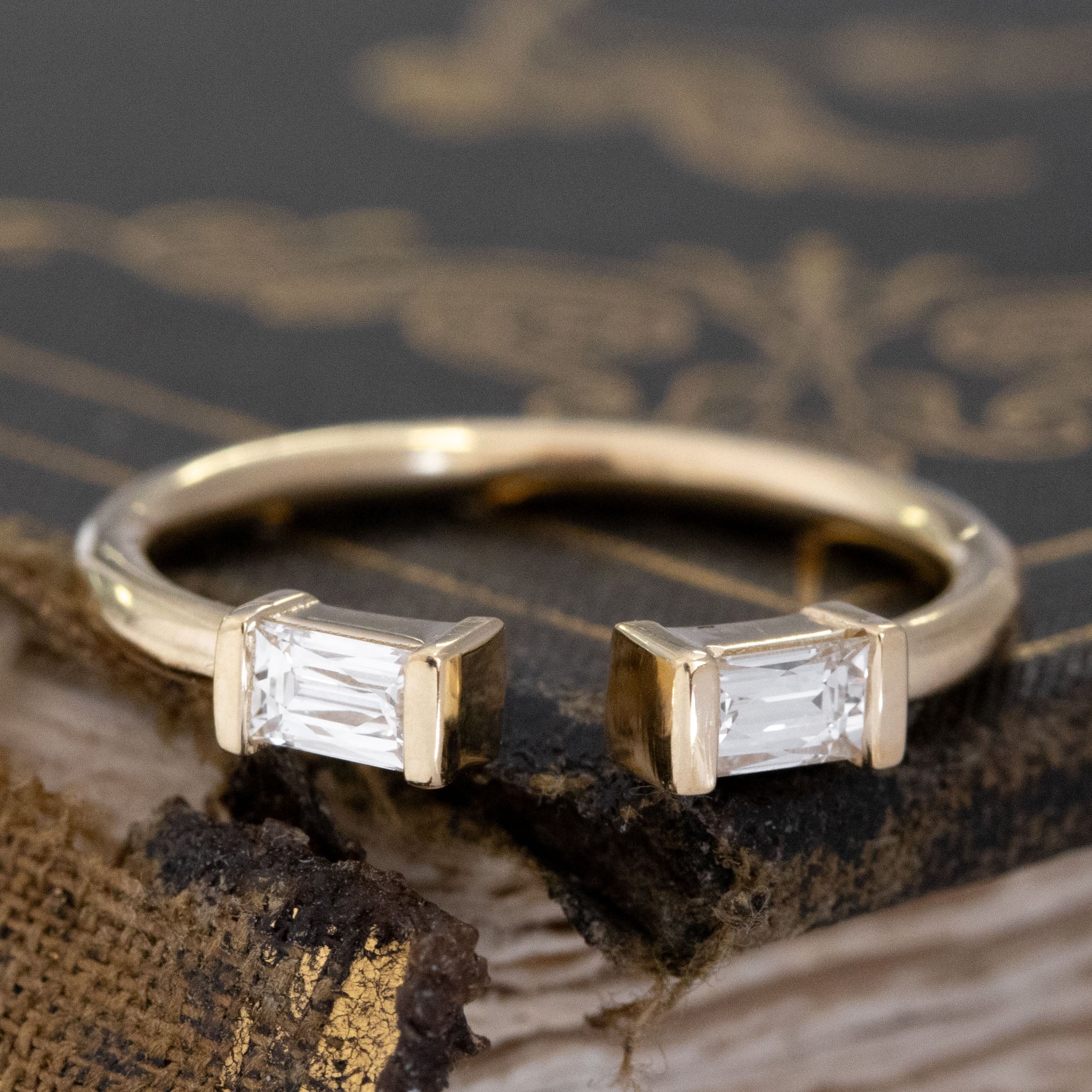 .33ctw Baguette Cut Diamond Twin Stone Ring with Baguette Cut Diamonds in yellow gold, antique-inspired one-of-a-kind wedding band