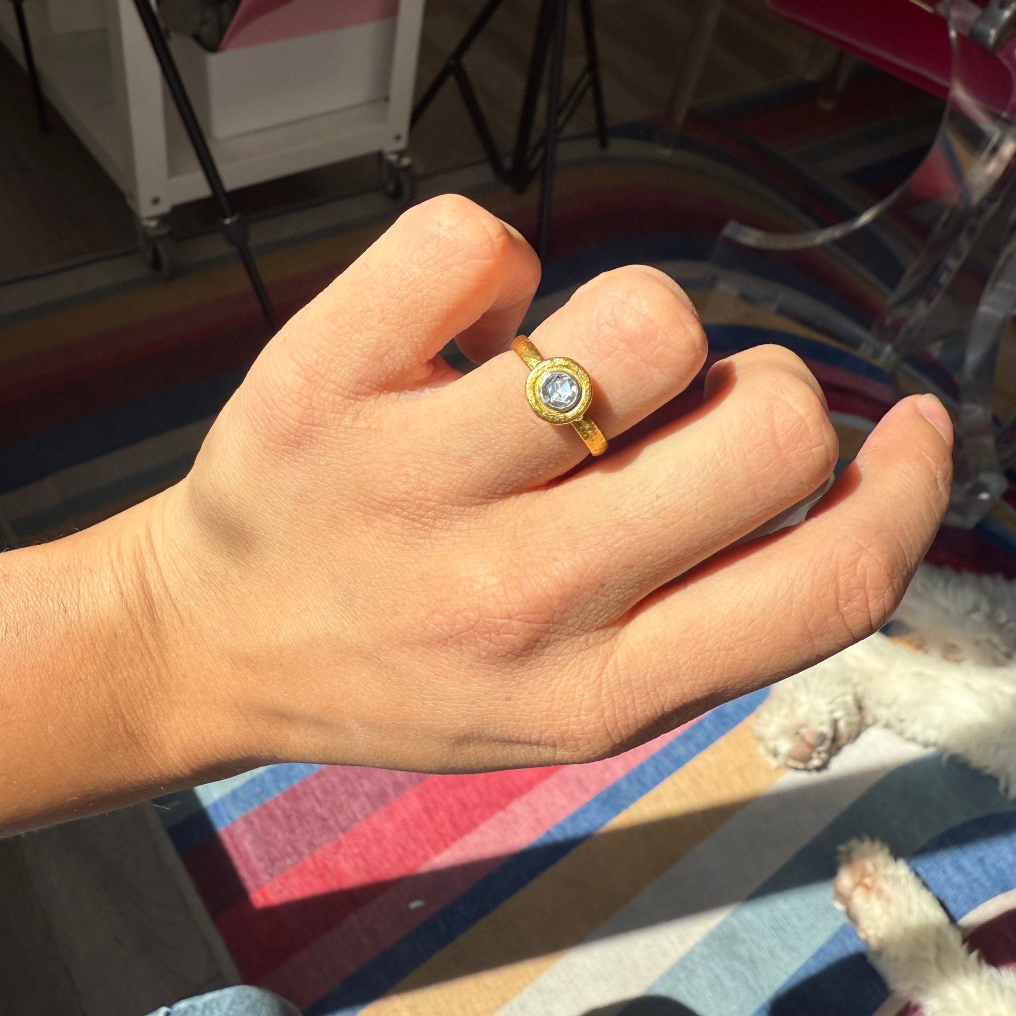 Rose cut diamond ring, high karat gold artisan Gurhan design shown on hand