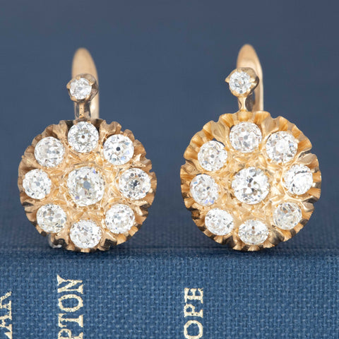 Antique 14k gold diamond cluster earrings with old European cuts