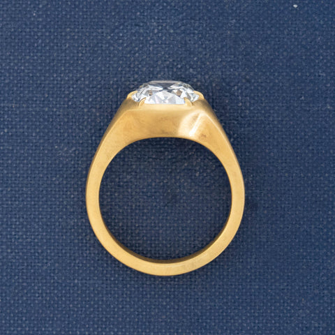 3.57ct GIA K SI1 elongated old mine cut diamond in a low set Sunset collet solitaire, satin 20K yellow gold – alternate view 5