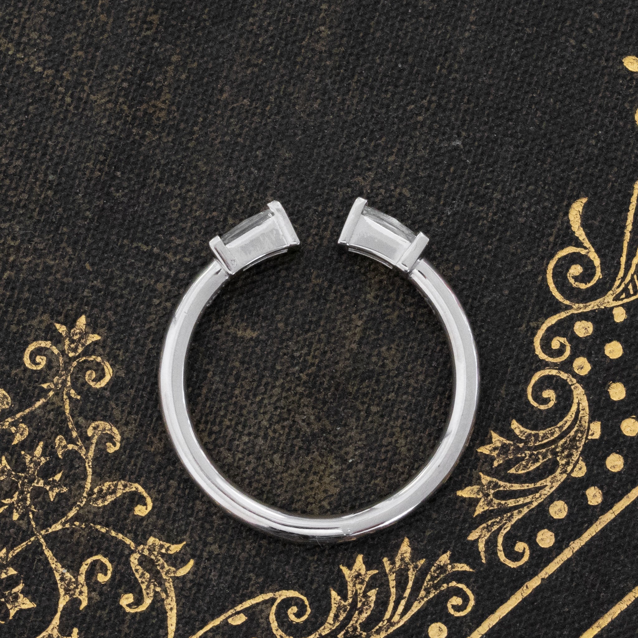 Side view of .38ctw Baguette Cut Diamond Twin Stone Ring. Vintage-inspired band with natural Earth-mined Baguette Cut Diamonds in white gold.