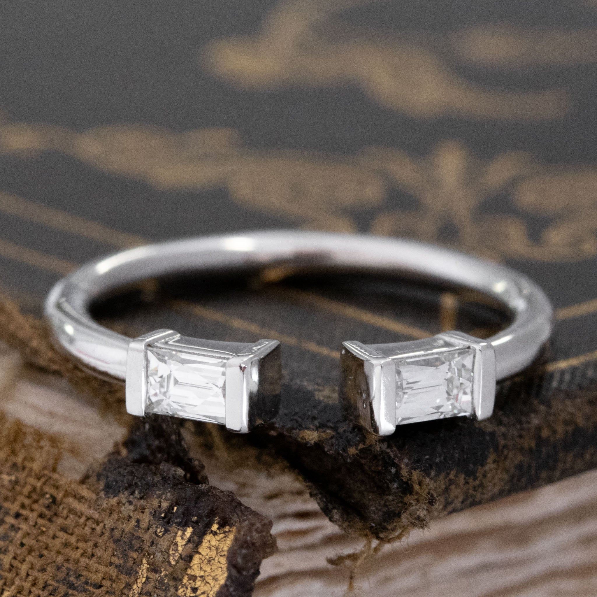 .38ctw Baguette Cut Diamond Twin Stone Ring with Baguette Cut Diamonds in white gold, antique-inspired one-of-a-kind wedding band