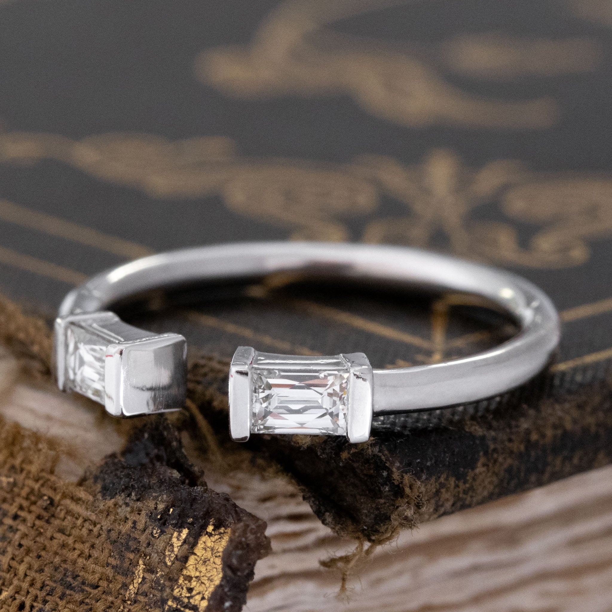 Antique lovers’ .38ctw Baguette Cut Diamond Twin Stone Ring in white gold, featuring rare Earth-mined Baguette Cut Diamonds