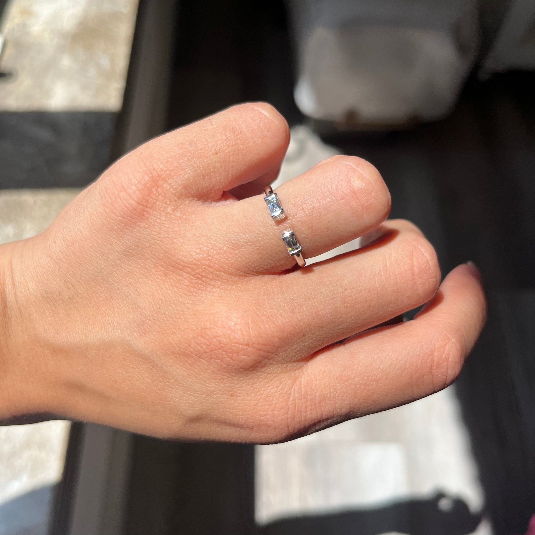 Elegant .38ctw Baguette Cut Diamond Twin Stone Ring, romantic design with Baguette Cut Diamonds, Earth-mined diamonds in white gold on ring finger.