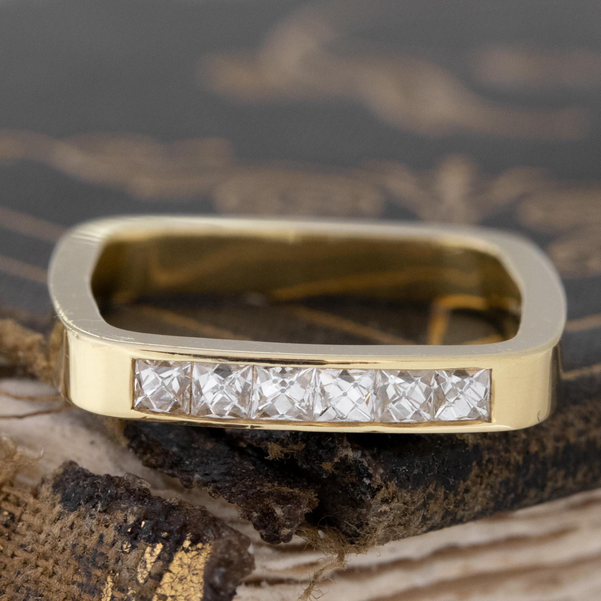 .38ctw French Cut Diamond 6-Stone Square Shank Band with French Cut Diamonds in yellow gold, antique-inspired one-of-a-kind wedding band.