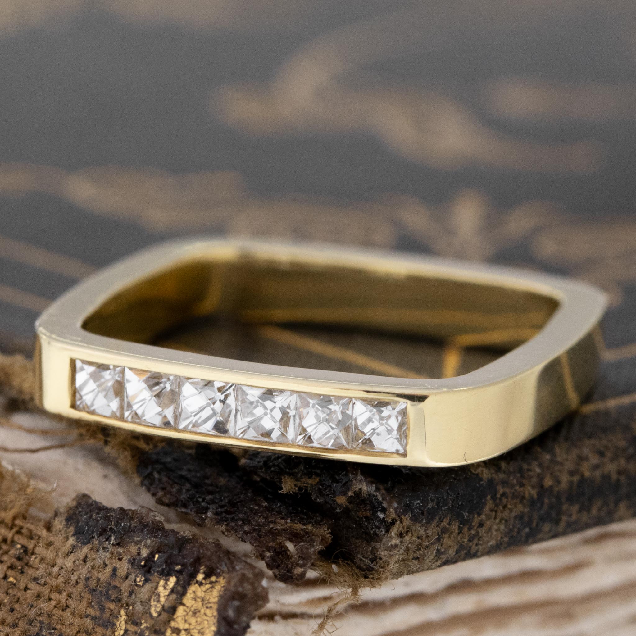 Antique lovers’ .38ctw French Cut Diamond 6-Stone Square Shank Band in yellow gold, featuring rare Earth-mined French Cut Diamonds.