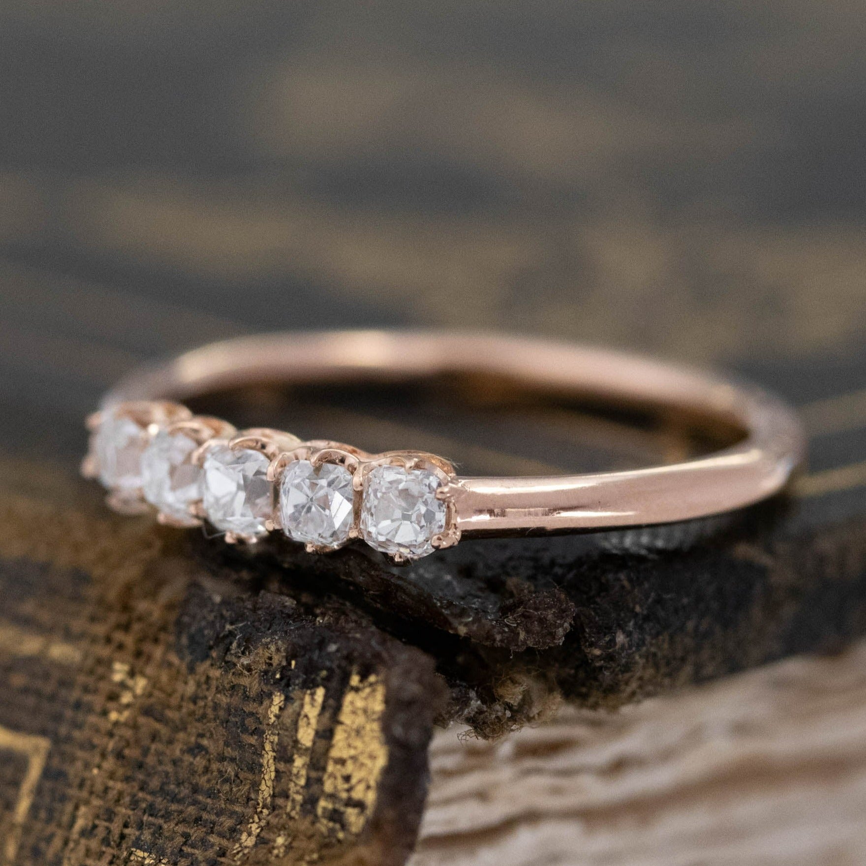 Antique lovers’ .38ctw Petite Old Mine Cut Diamond Band in rose gold, featuring rare Earth-mined Old Mine Cut Diamonds.