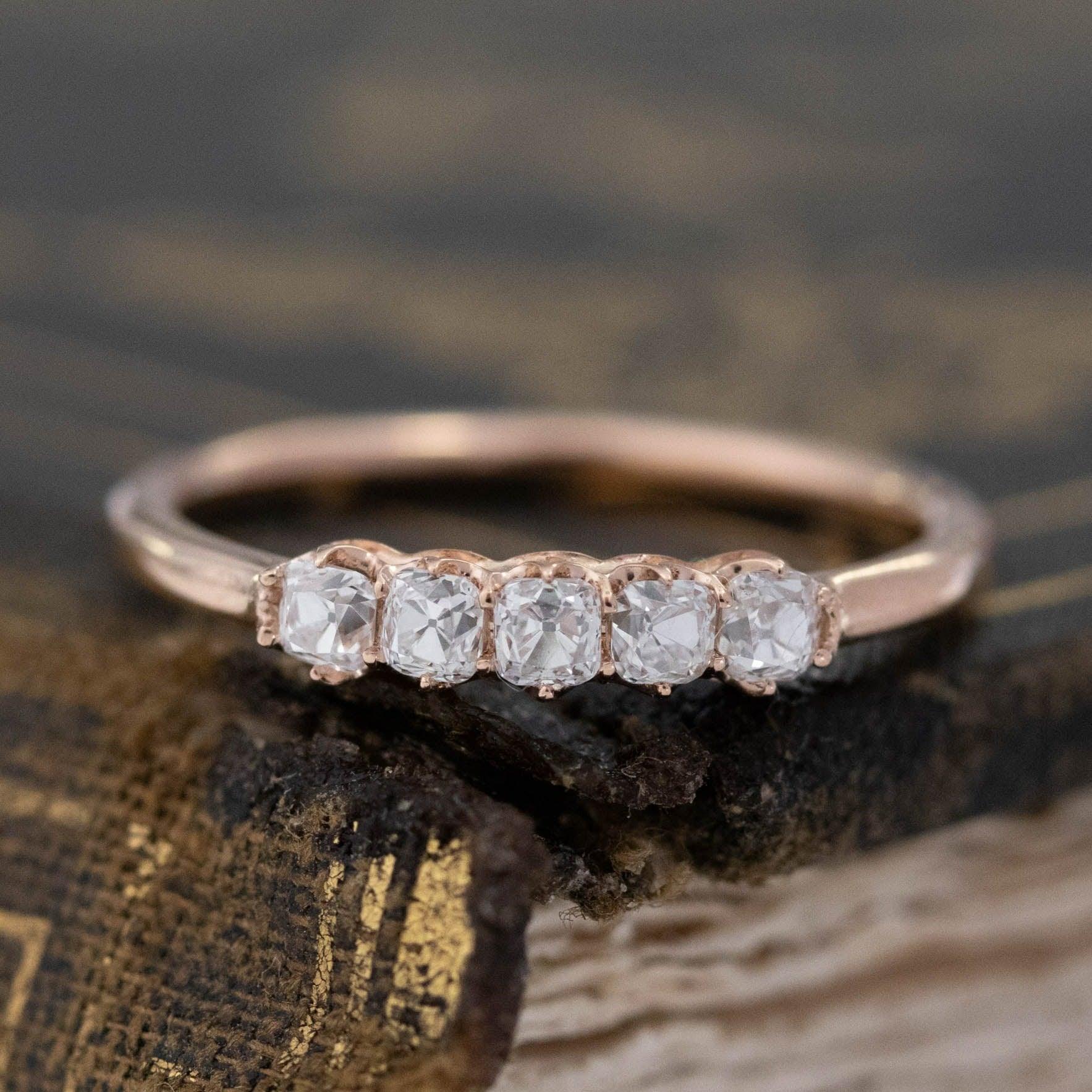 .38ctw Petite Old Mine Cut Diamond Band with Old Mine Cut Diamonds in rose gold, antique-inspired one-of-a-kind wedding band.