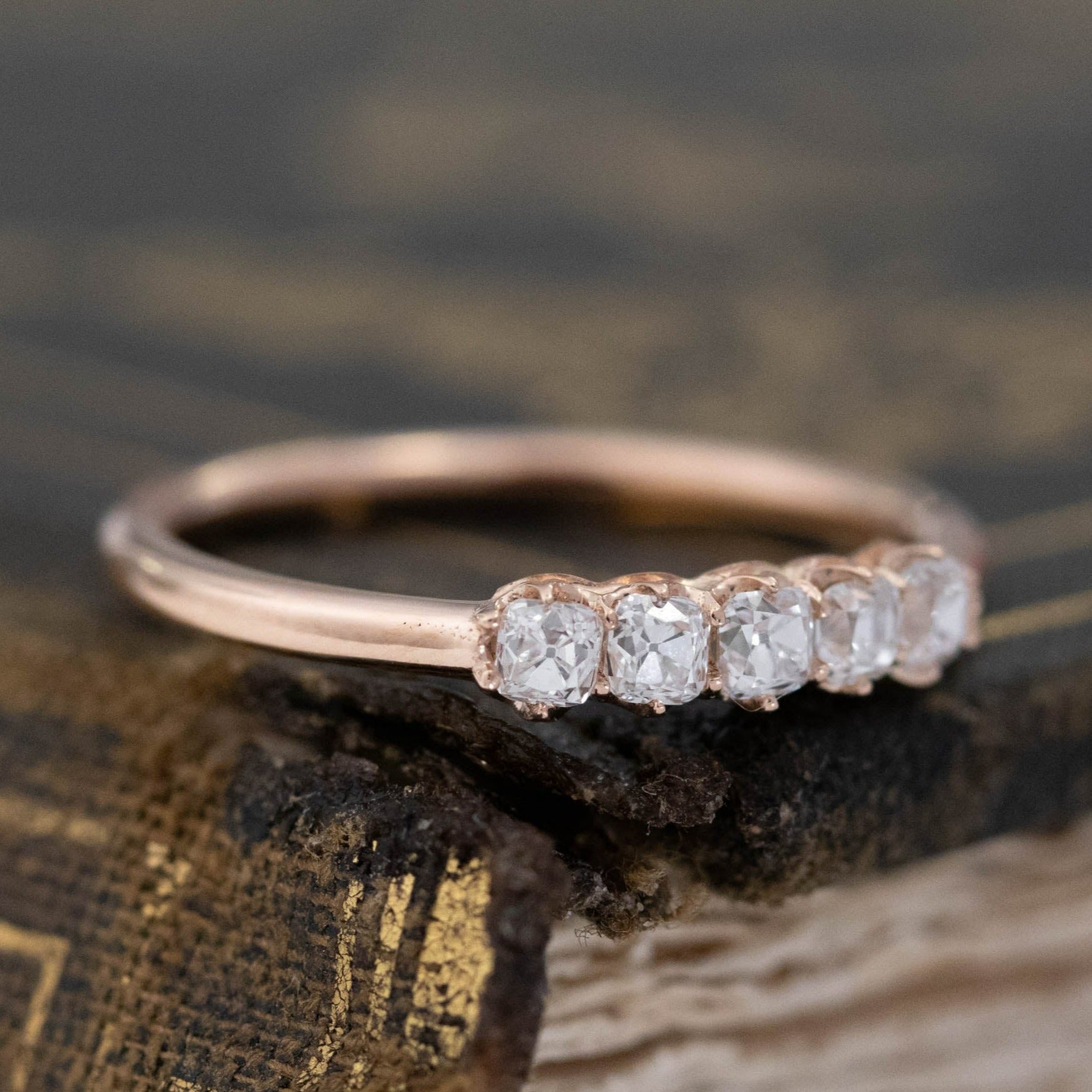 Historic style .38ctw Petite Old Mine Cut Diamond Band wedding band with Old Mine Cut Diamonds, unique heirloom in rose gold.