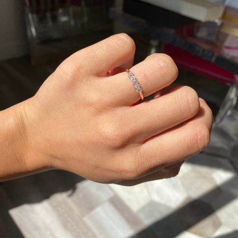 Elegant .38ctw Petite Old Mine Cut Diamond Band, romantic design with Old Mine Cut Diamonds, Earth-mined diamonds in rose gold on ring finger.