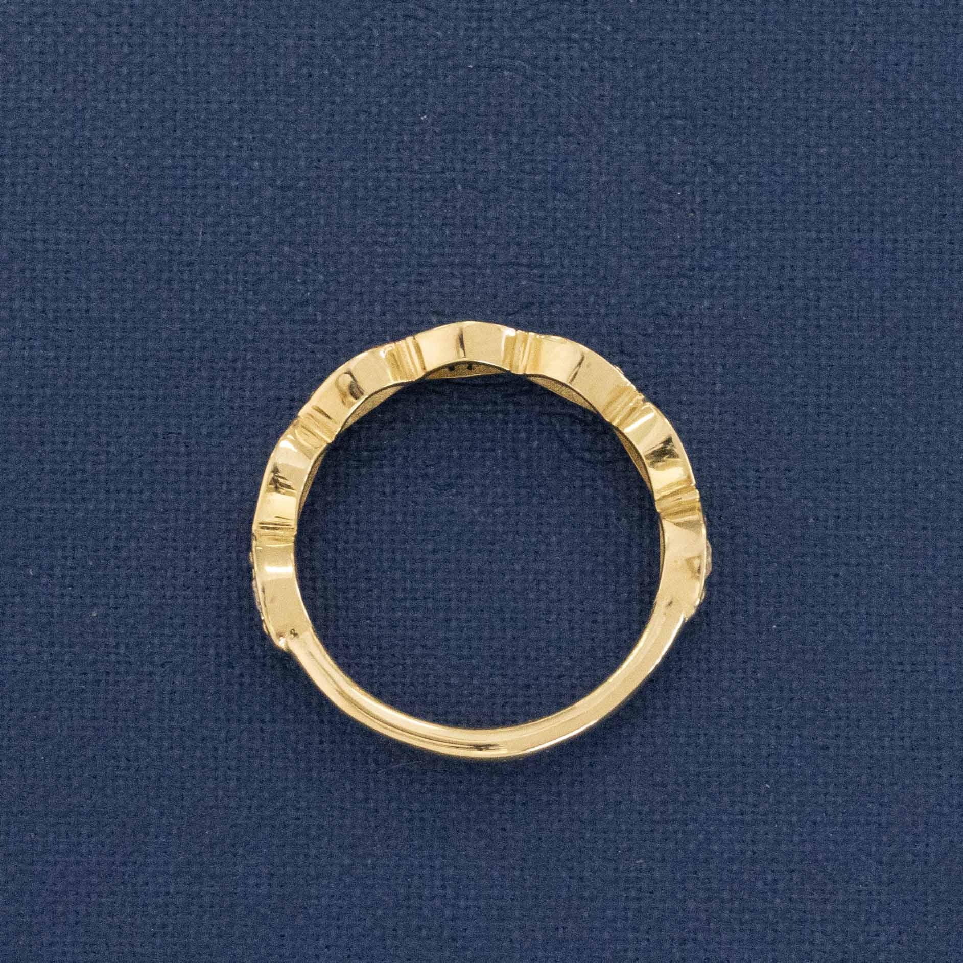 Side view of .40ctw Old European Cut Diamond Navette Band, natural Earth-mined Old European Cut Diamonds in yellow gold