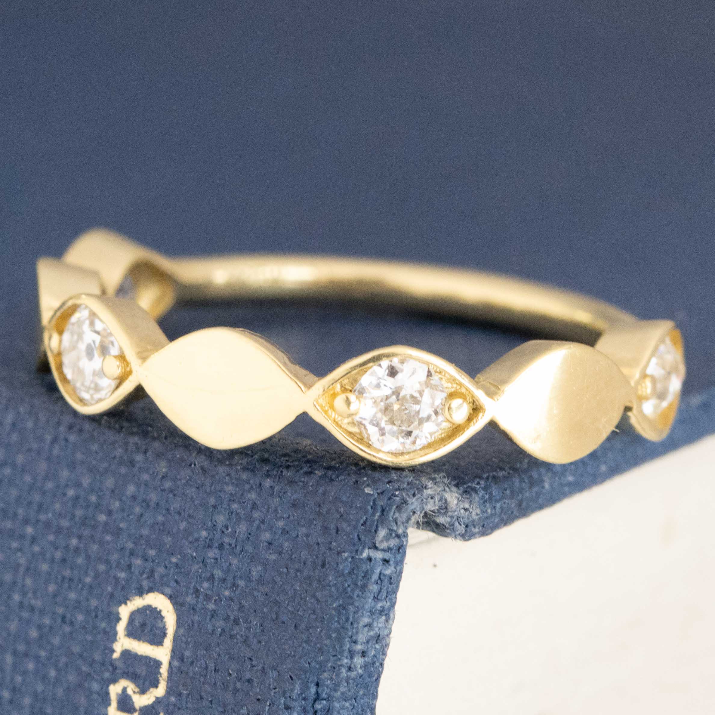 Close-up of .40ctw Old European Cut Diamond Navette Band, vintage-inspired band with Old European Cut Diamonds, crafted in yellow gold.