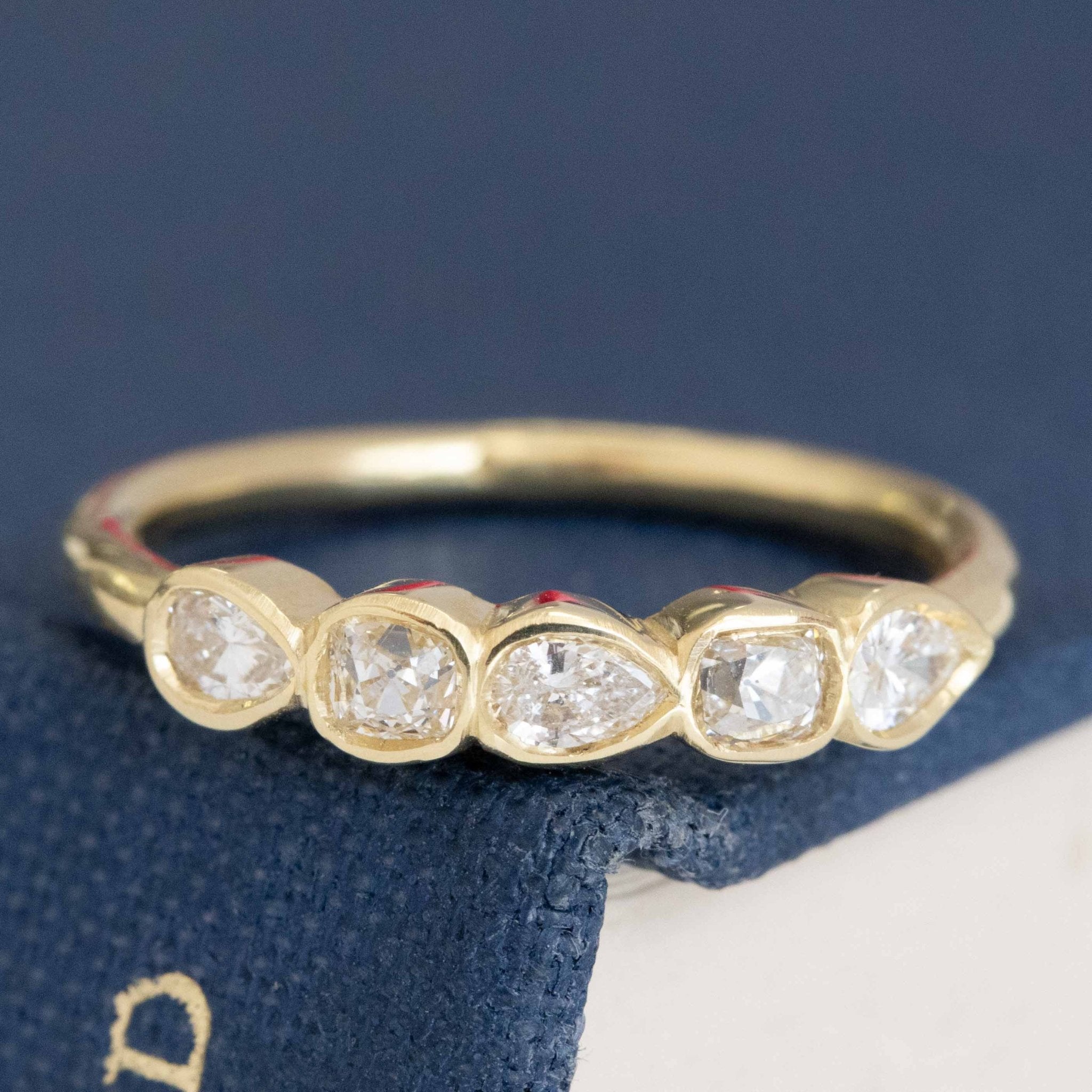 .41ctw Petite Mixed Cut Diamond Bezel Band with Old Mine Cut Diamonds in yellow gold, antique-inspired one-of-a-kind wedding band.