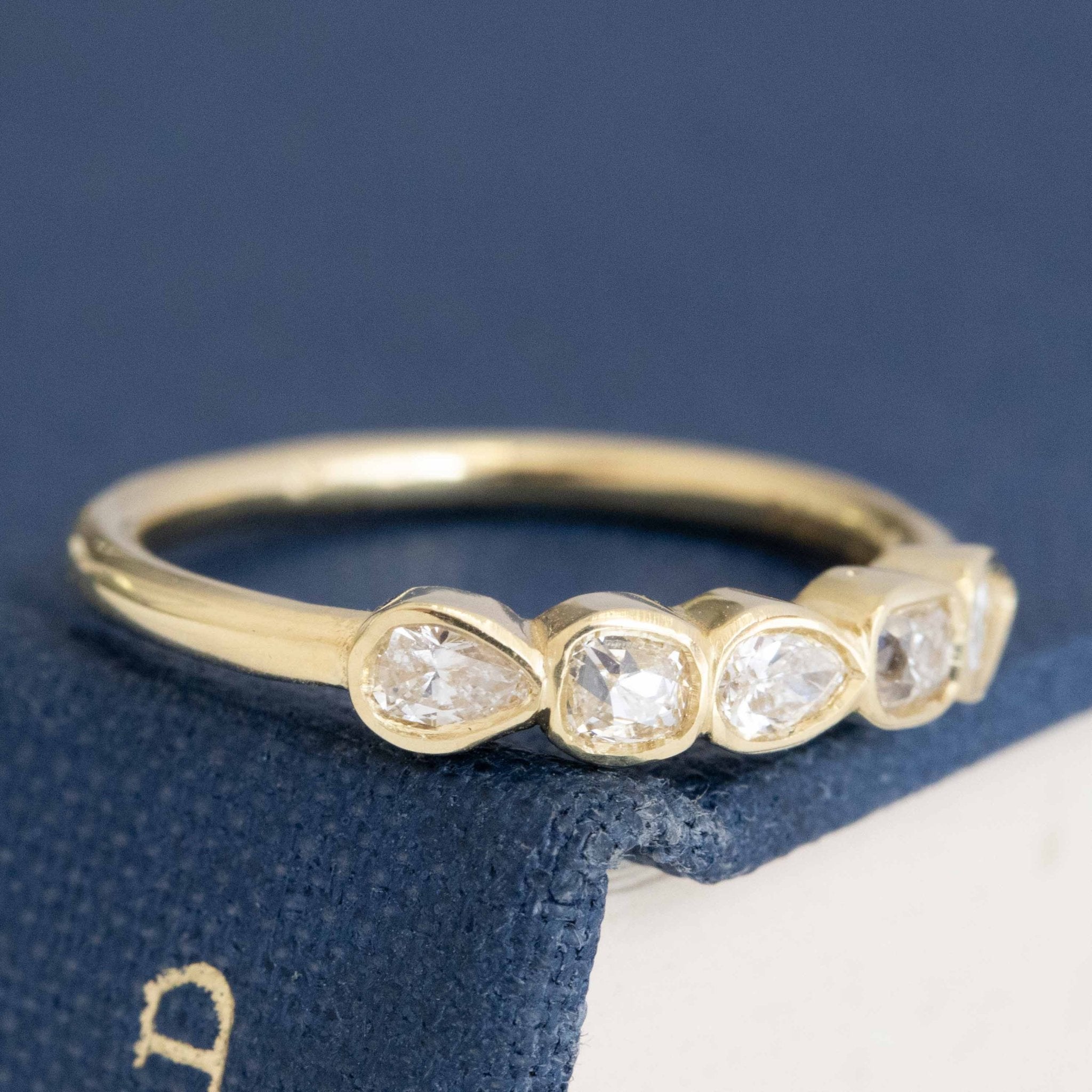 Historic style .41ctw Petite Mixed Cut Diamond Bezel Band wedding band with Old Mine Cut Diamonds, unique heirloom in yellow gold.