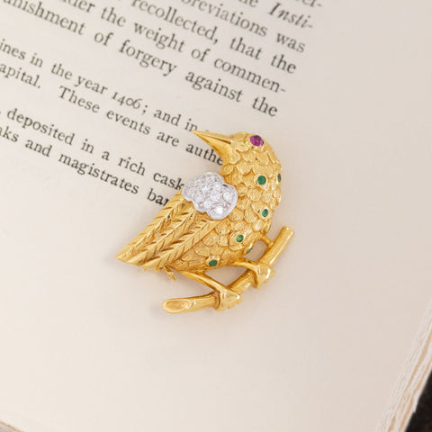 .44ctw Diamond Emerald & Ruby Bird Brooch