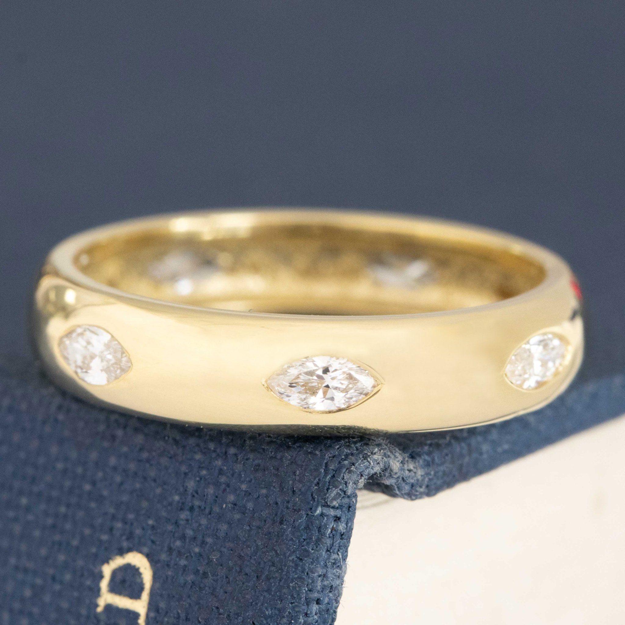 Antique lovers’ .44ctw Vintage Marquise Cut Diamond Eternity Band in yellow gold, featuring rare Earth-mined Antique Diamonds.