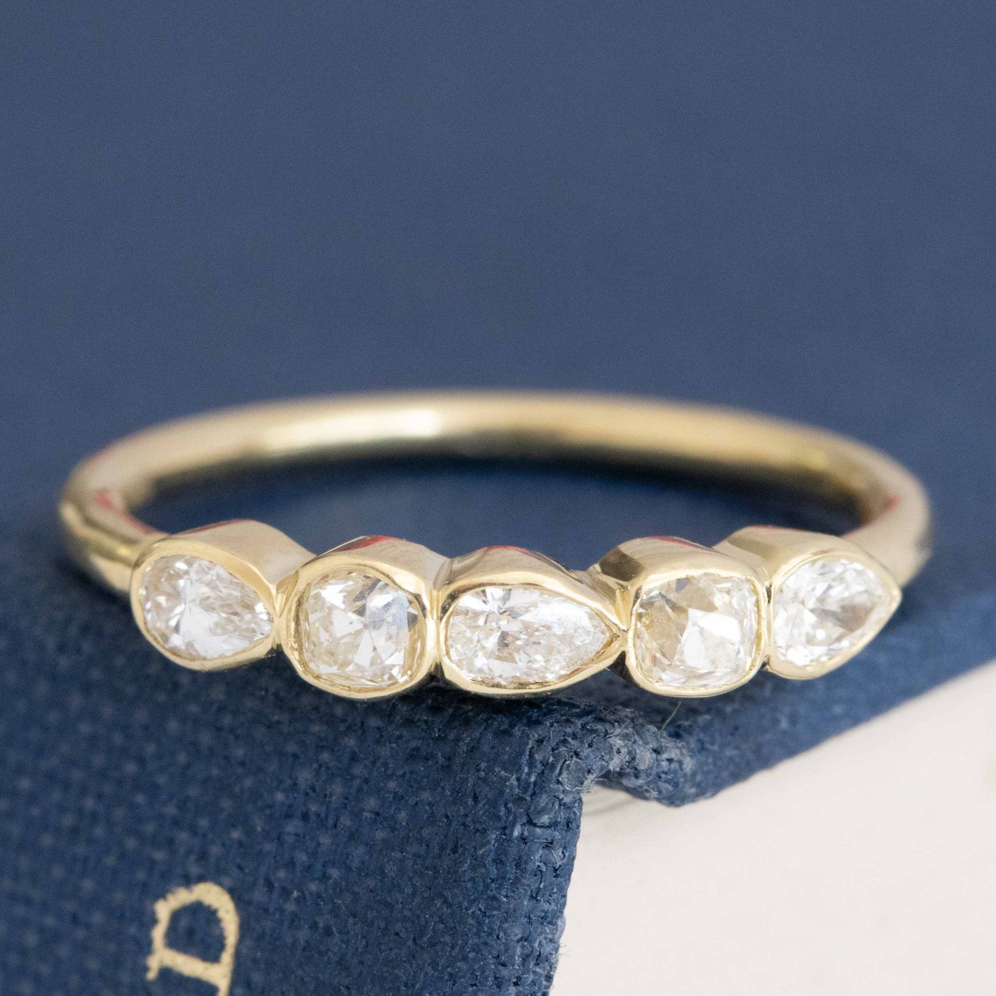 .44ctw Petite Mixed Cut Diamond Band with Old Mine Cut Diamonds in yellow gold, antique-inspired one-of-a-kind wedding band.