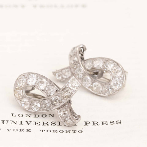 4.50ctw Art Deco old mine cut diamond bow ribbon earrings in platinum – alternate view 3