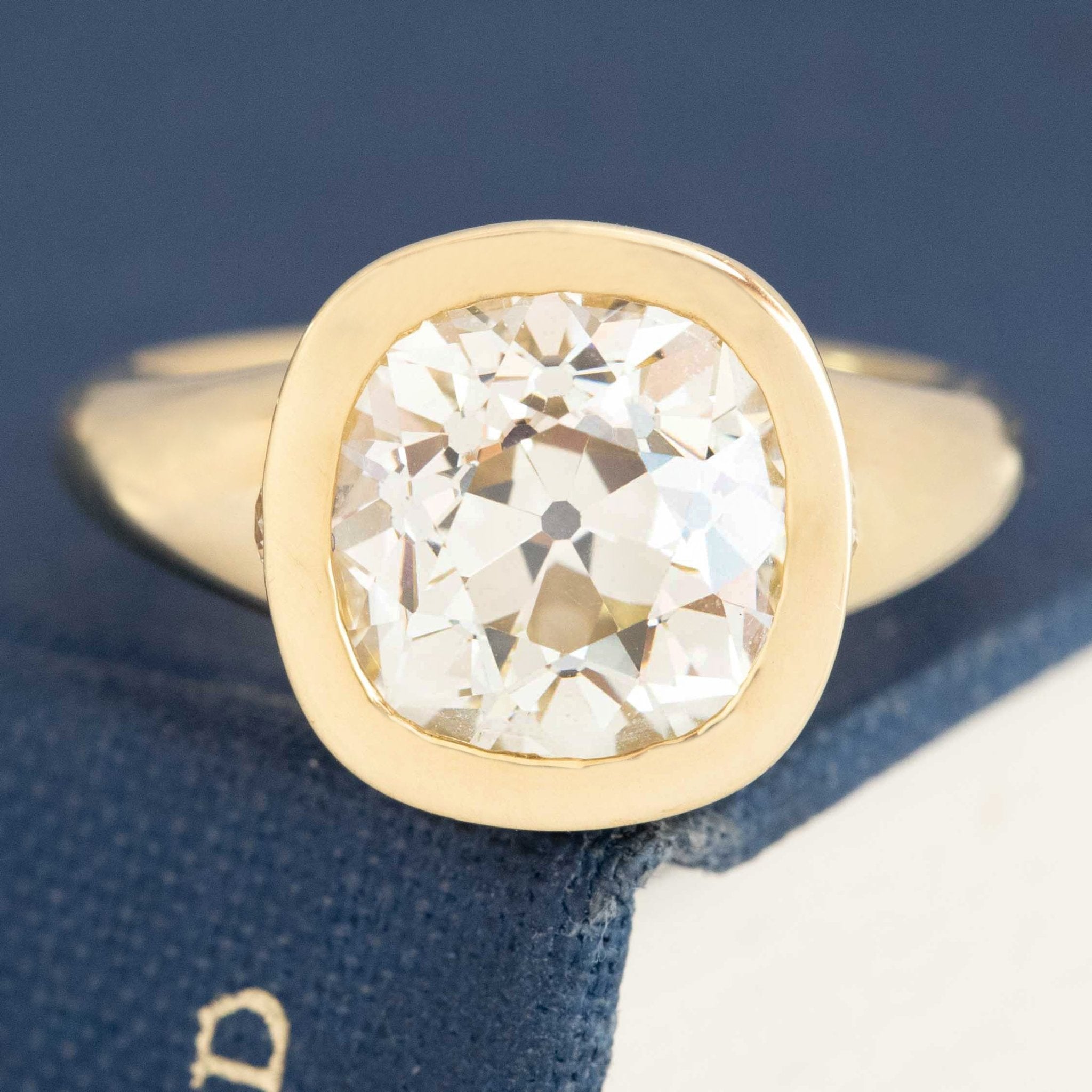 4.53ct Old Mine Cut diamond bezel solitaire ring in solid 18kt yellow gold, front view