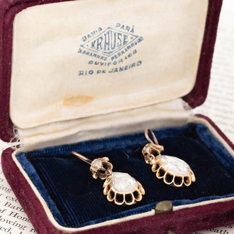 4.54ctw antique pear rose cut diamond drop earrings in yellow gold – alternate view 3
