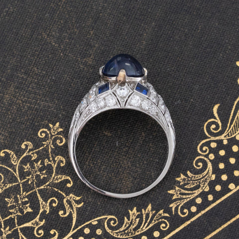 4.59ctw Edwardian sapphire cabochon and diamond cluster ring in platinum – alternate view 6