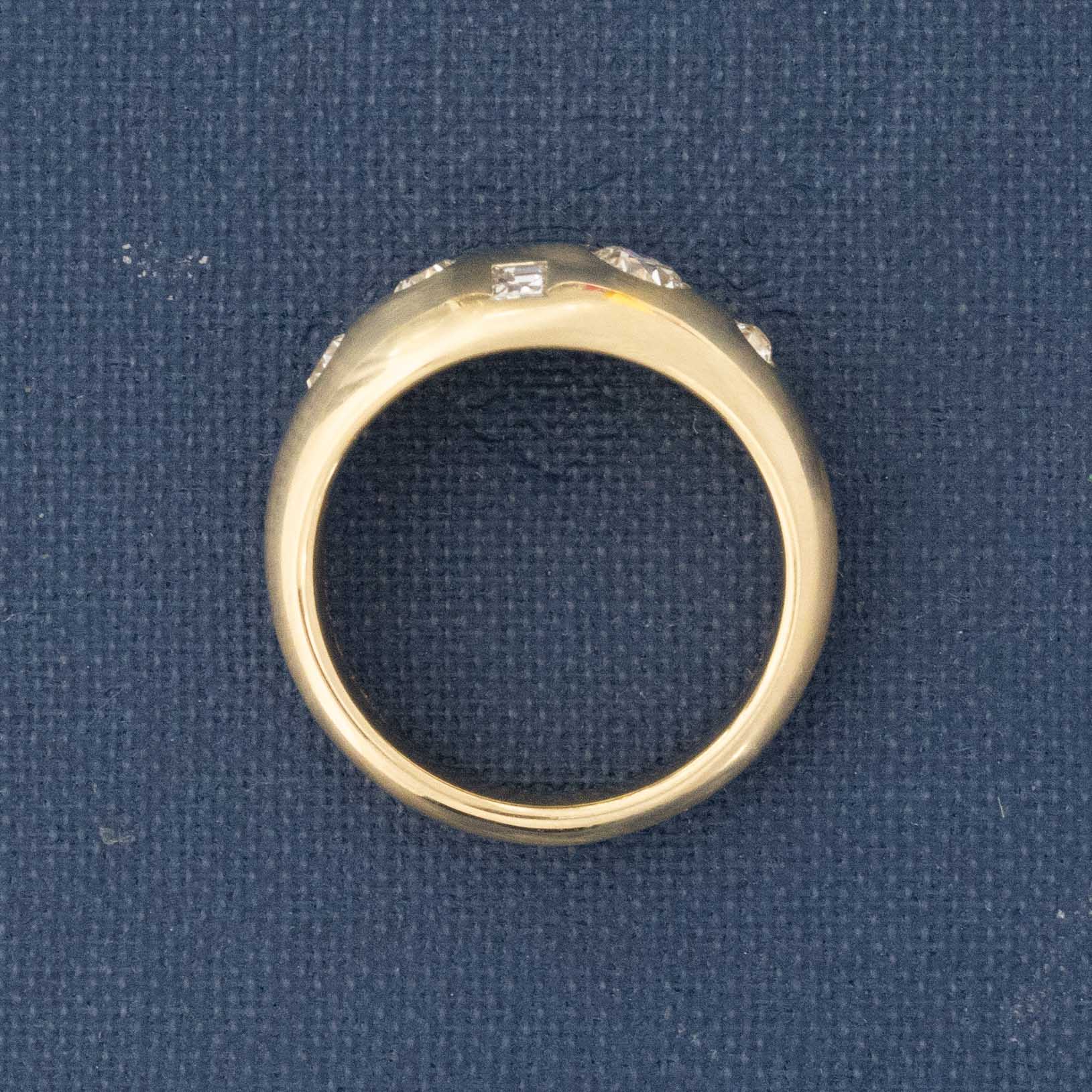 Side view of .45ctw Mixed Cut Diamond Bombe Ring, natural Earth-mined Antique Diamonds in yellow gold.
