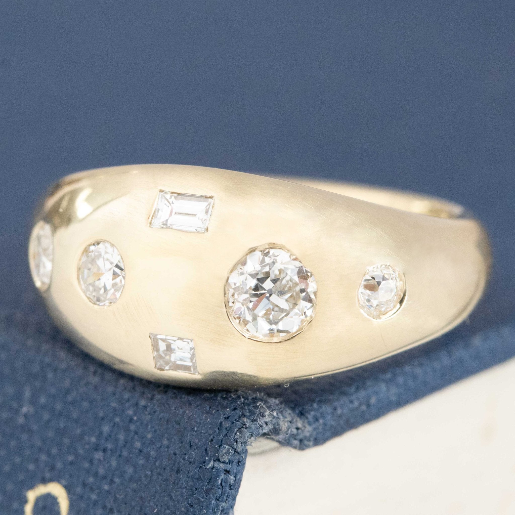 .45ctw Mixed Cut Diamond Bombe Ring with Antique Diamonds crafted in yellow gold, antique-inspired one-of-a-kind wedding band.