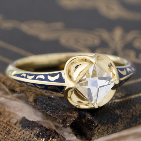.47ct GIA I SI2 point cut diamond in our Sunset ring with blue enamel crescents, 18K yellow gold – alternate view 3