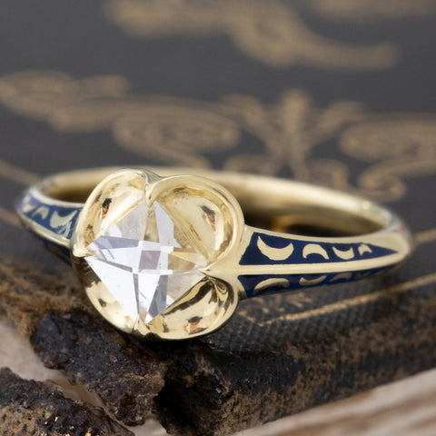 .47ct GIA I SI2 point cut diamond in our Sunset ring with blue enamel crescents, 18K yellow gold – alternate view 4