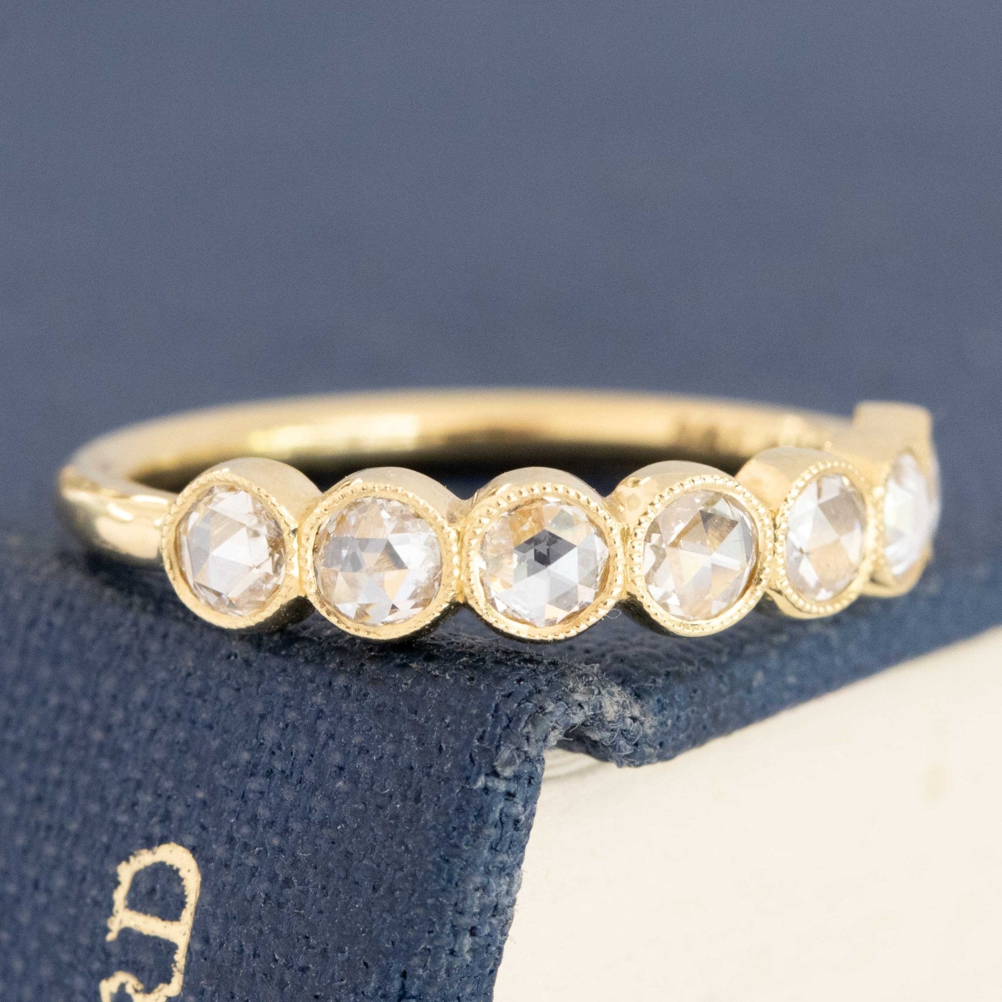 Antique lovers’ .47ctw Round Rose Cut Diamond Bezel Half-Hoop Band in yellow gold, featuring rare Earth-mined Antique Diamonds.