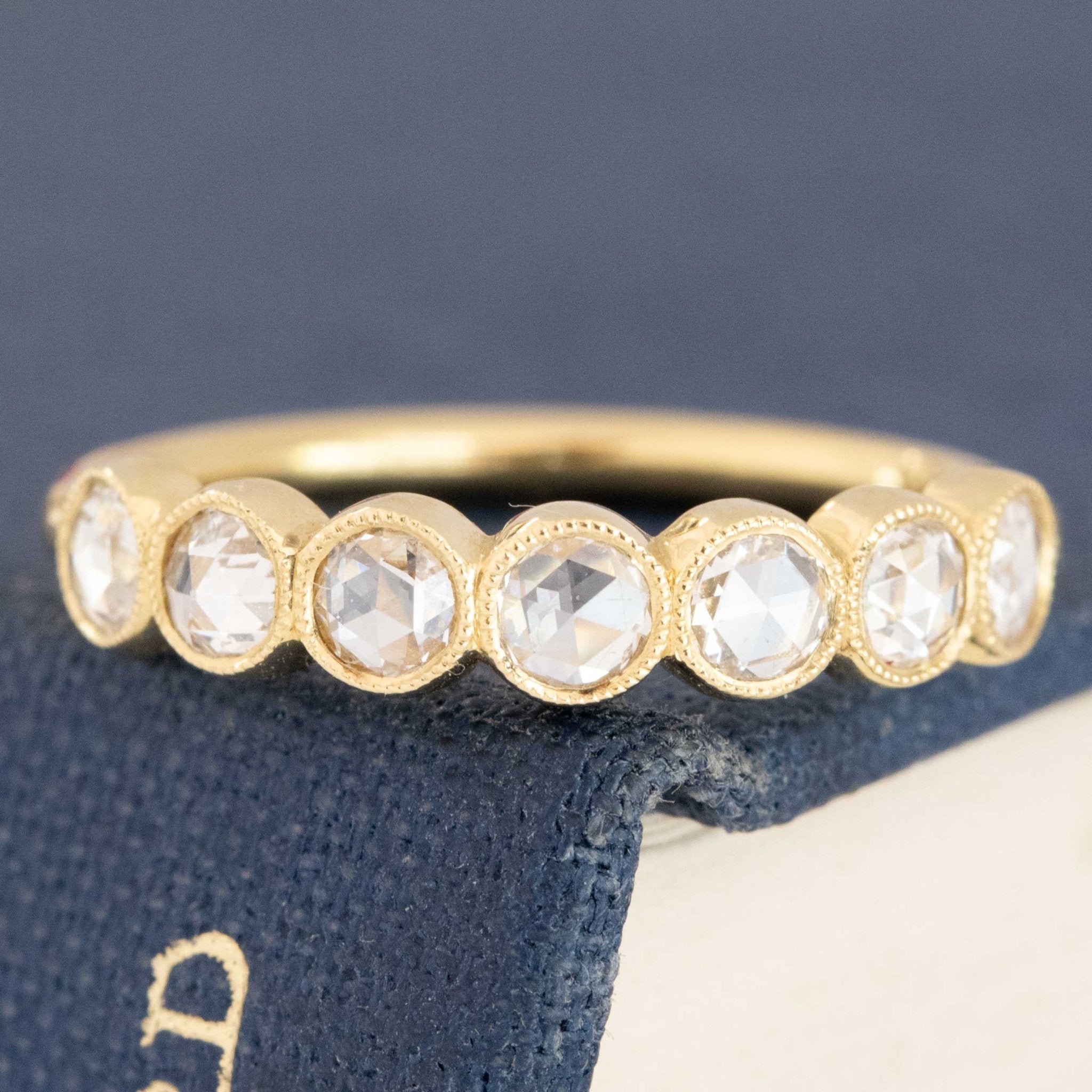 .47ctw Round Rose Cut Diamond Bezel Half-Hoop Band with Antique Diamonds in yellow gold, antique-inspired one-of-a-kind wedding band.